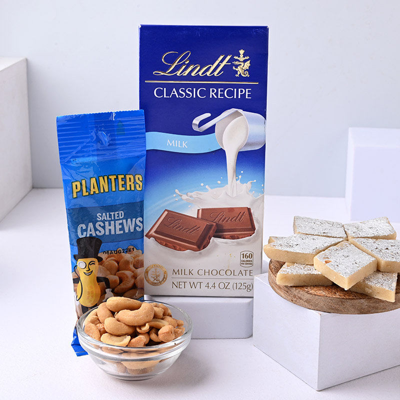 Three Rakhi With Chocolate Kaju Katli N Cashew