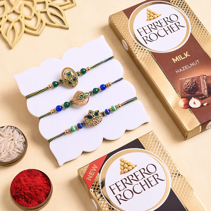 Three Royal Mayura Rakhis With Two Choco Bars