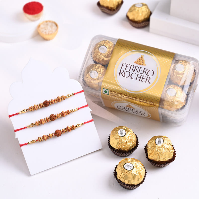 Three Sacred Rudraksha Rakhis With Ferrero Rocher