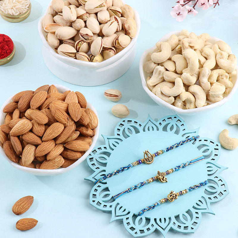 Three Spiritual Rakhi Set With Dry Fruits