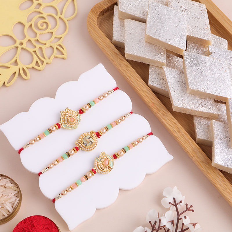 Three Traditional Motif Rakhis With Kaju Katli