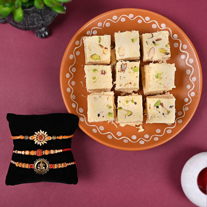 Three Traditional Rakhi Combo - Set of 3 Rudraksh and Divine Rakhis