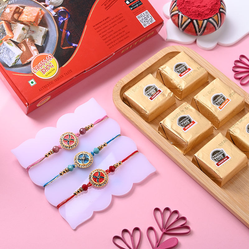 Three Vibrant Designer Rakhis With Choco Bites-USA