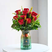 Bunch Of 10 Red Roses in Glass Vase