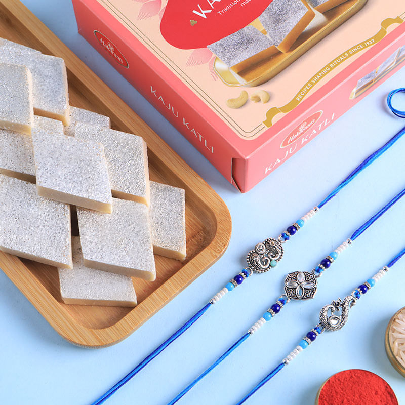 Timeless Silver Rakhi Trio With Kaju Katli