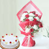 Token Of Emotions Combo - Bouquet of 10 Red Roses and 10 White Carnations with 500gm Pineapple Cake