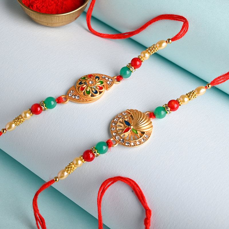 Designer Traditional Golden Rakhi Duo Online - Fancy Rakhi