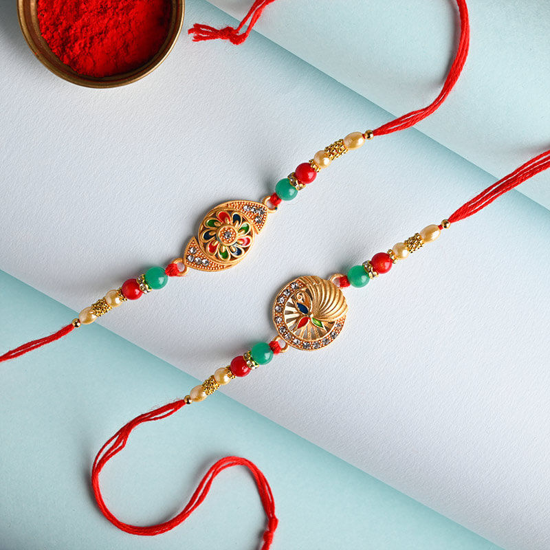 Send Designer Traditional Golden Rakhi Duo Online - Fancy Rakhi