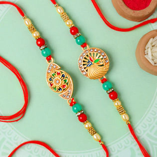 Set of 2 Vibrant Stone Embedded Golden Rakhi