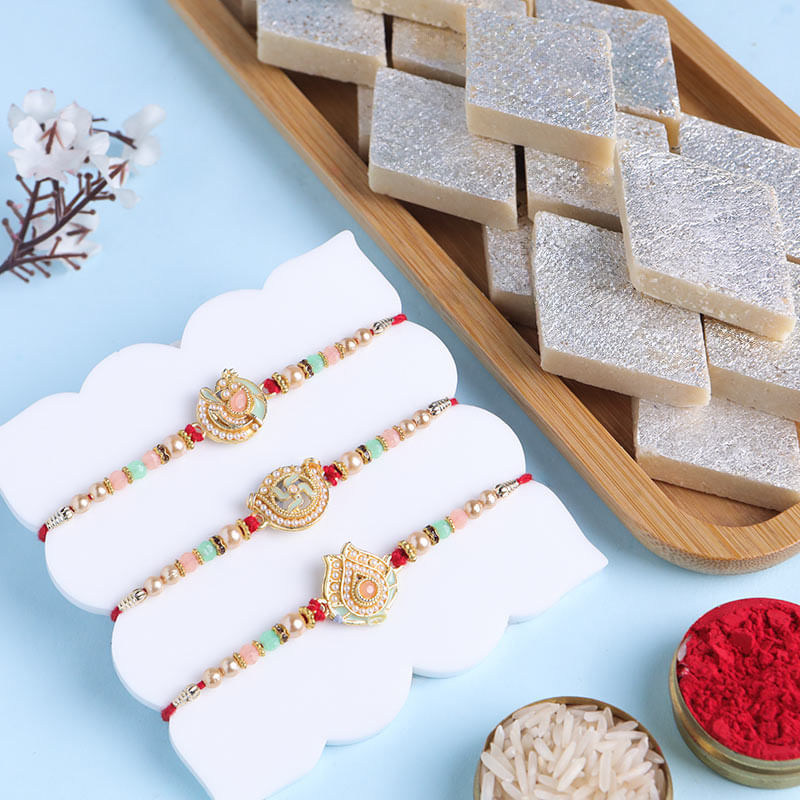 Traditional Motifs N Pearls Rakhi Trio With Sweets-Australia