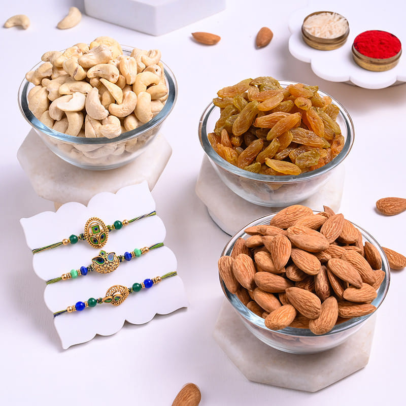 Traditional Peacock Rakhi Trio N Mixed Dry Fruits