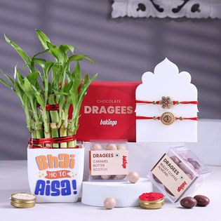 Traditional Rakhis Duo With Bamboo Plant N Dragees
