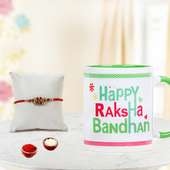 Send Rakhi to Gurgaon with Happy Rakshabandhan Green Mug and Rolli Tikka