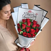 Bouquet of 15 Red Roses In White Premium Paper