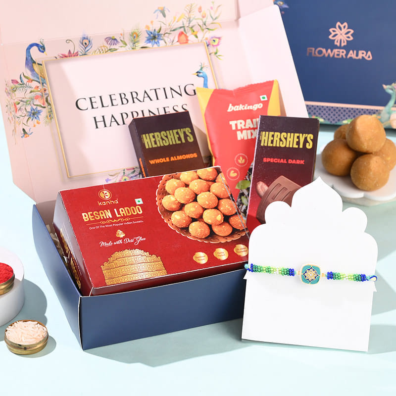Turqoise Bloom Rakhi N Treats Hamper