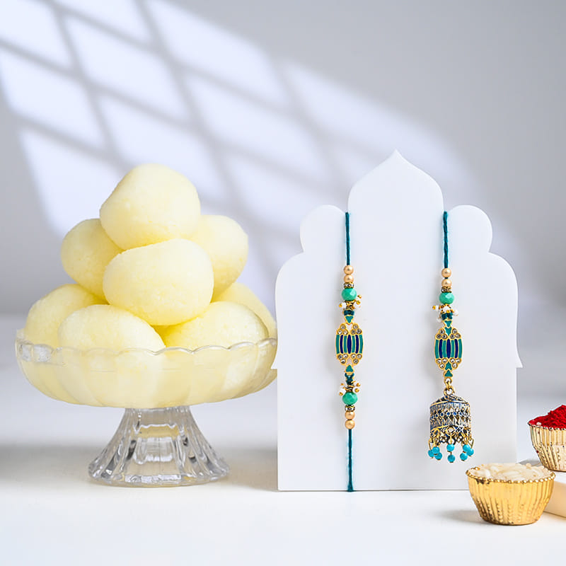 Turquoise Bhai Bhabhi Rakhi With Rasgulla