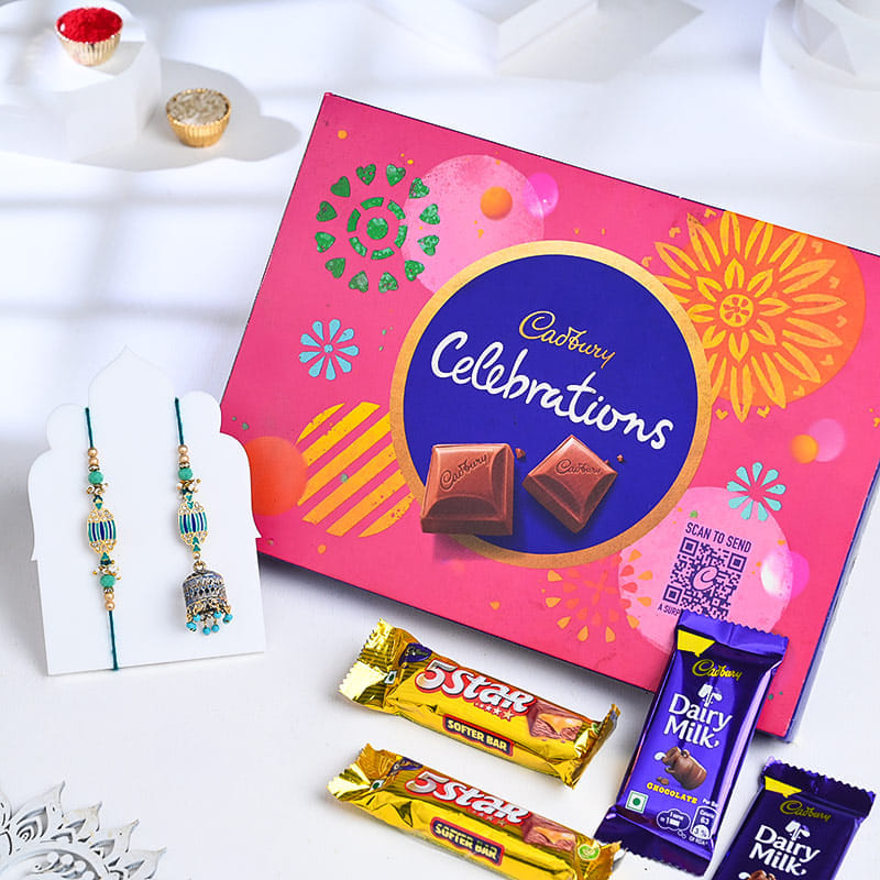 Turquoise Bhaiya Bhabhi Rakhis With Cadbury Treats