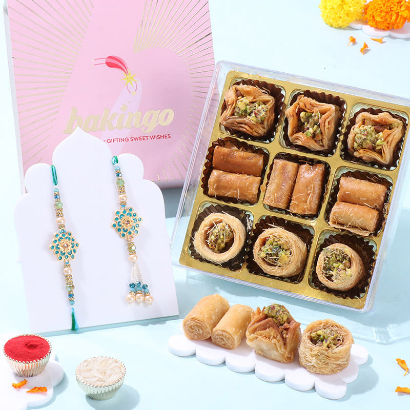 Turquoise Floral Bhaiya Bhabhi Rakhis With Baklawa