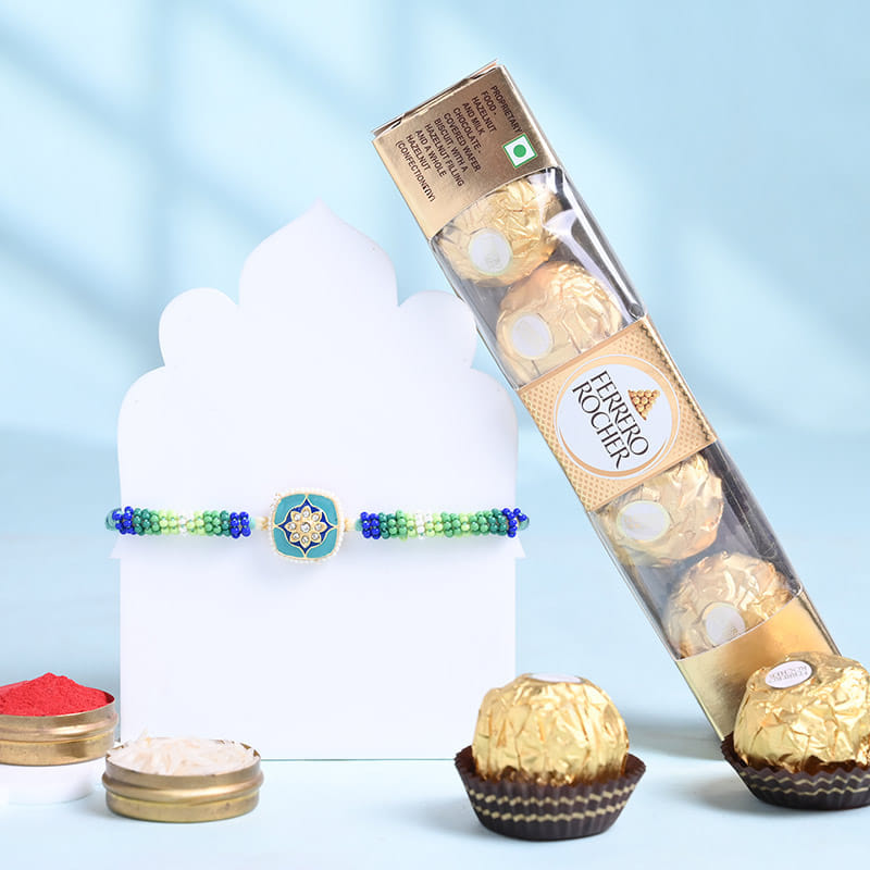 Turquoise Floral Rakhi With Ferrero Rocher