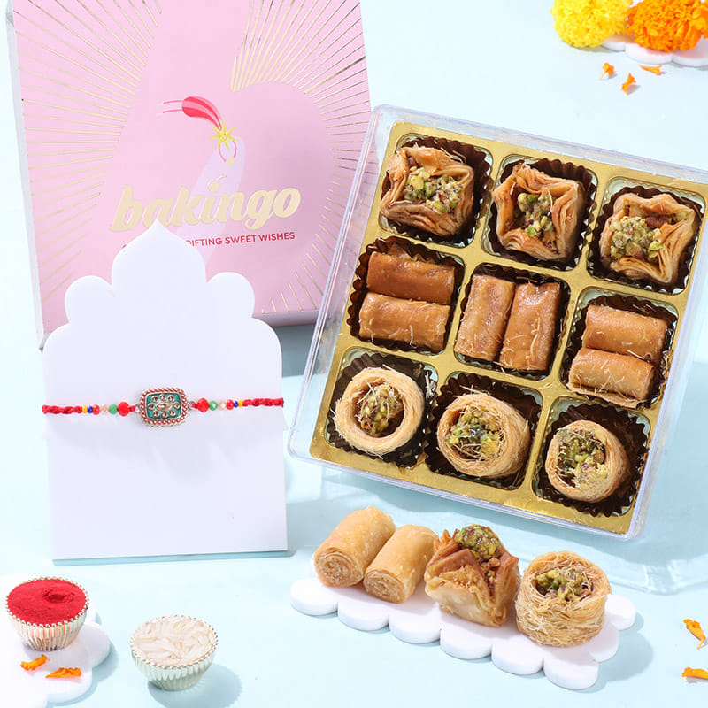 Turquoise Kundan Rakhi With Baklava Box