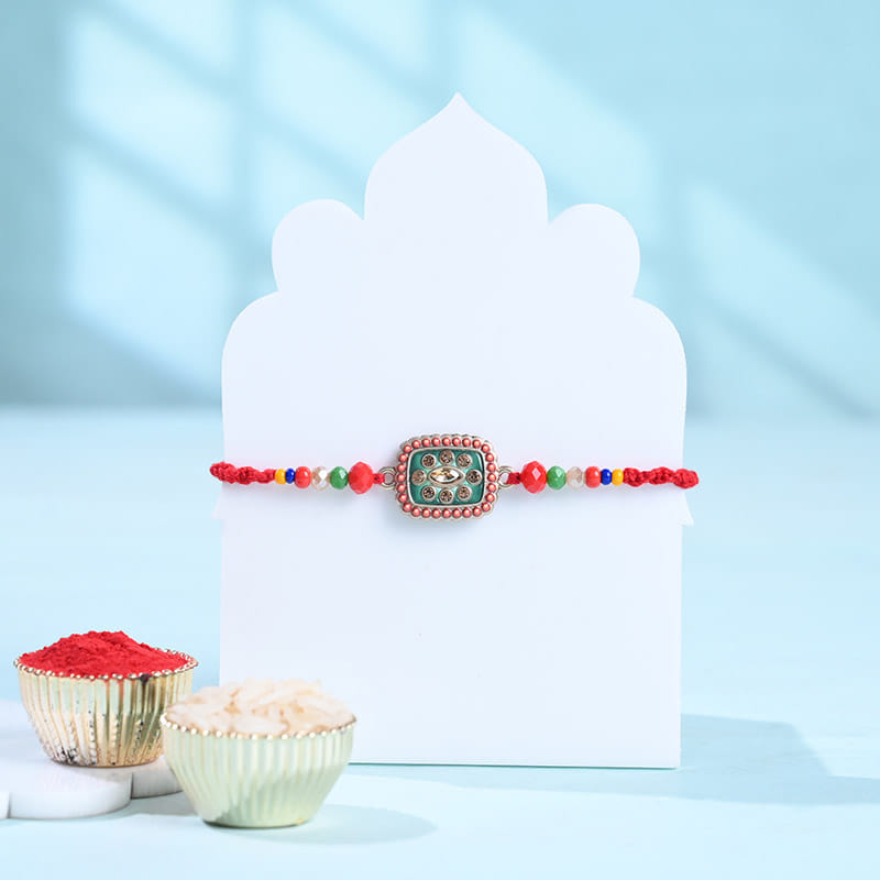 Turquoise Kundan Rakhi With Baklava Box