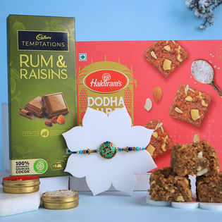 Turquoise Rakhi With Sweets N Chocolate