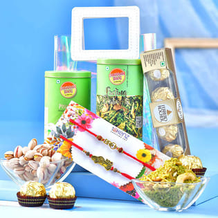 Two Antique Rakhis N Gourmet Treats Hamper