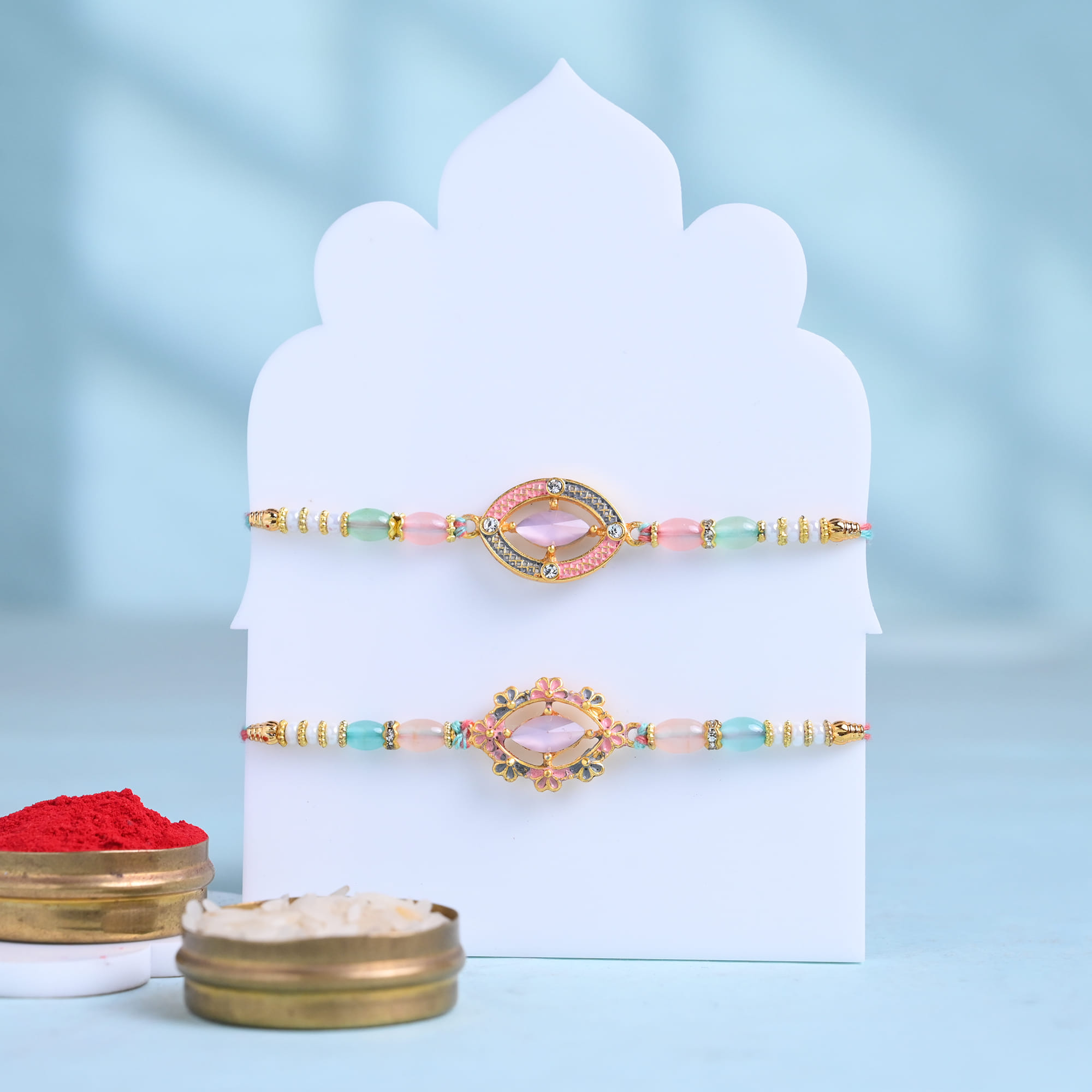 Two Beaded Designer Rakhis With Almonds N Cashews