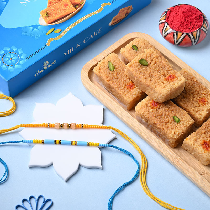 Set of 2 Beaded Rakhi With Milk Cake