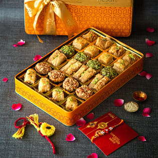 Two Blue Premium Rakhis With Flavoured Baklava Box