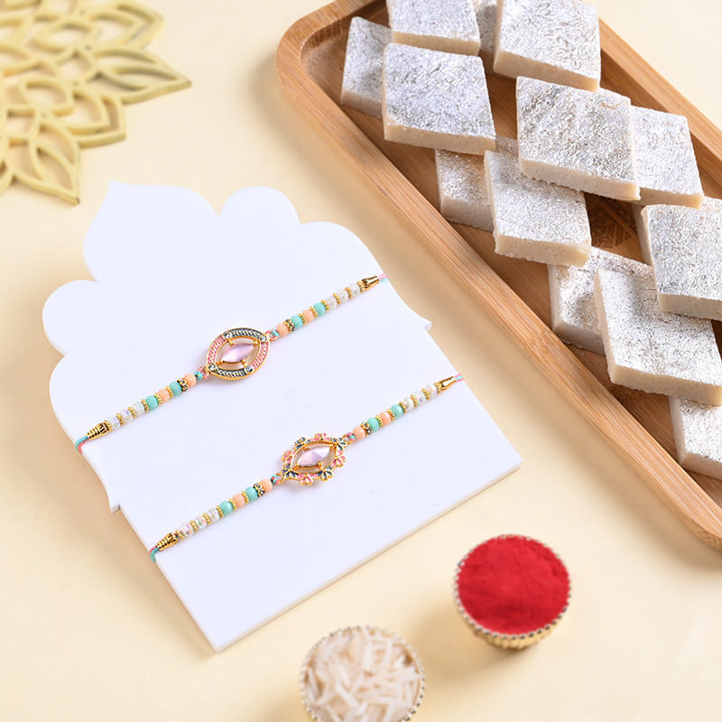 Two Blush Stone Rakhis With Kaju Katli
