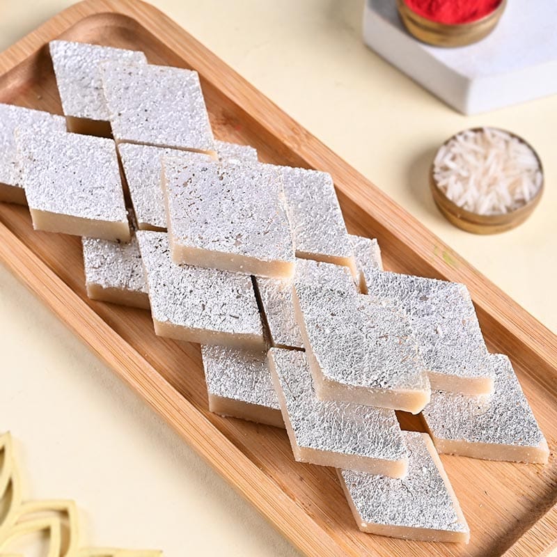 Two Blush Stone Rakhis With Kaju Katli