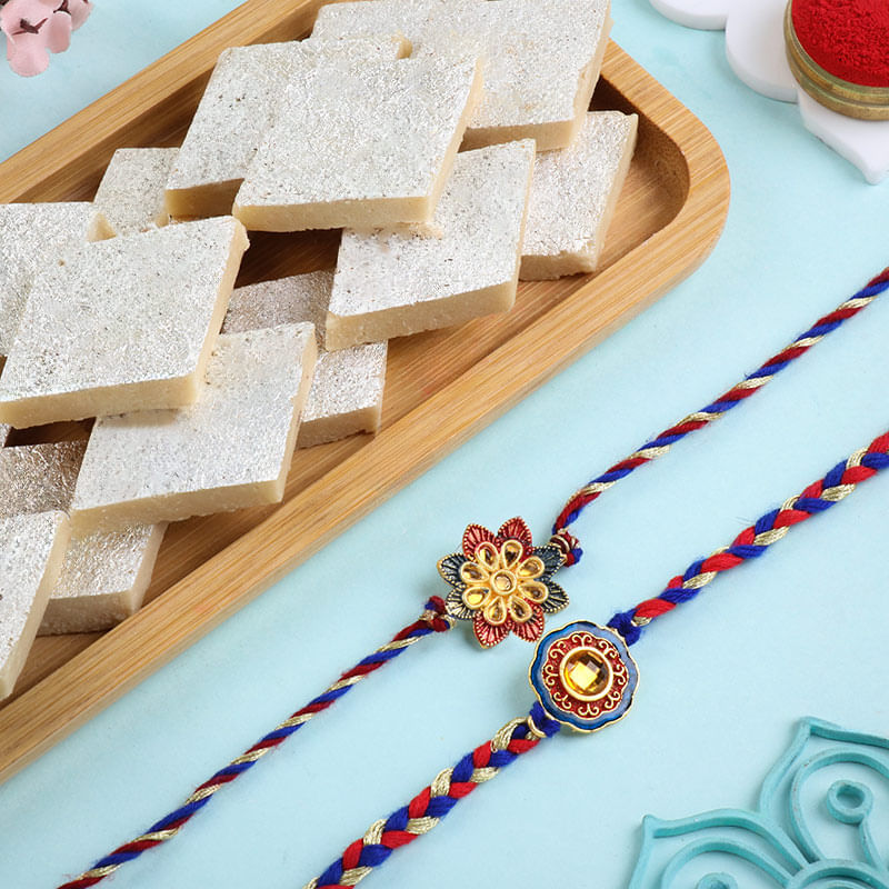 Colourful Floral Rakhi Duo With Kaju Katli
