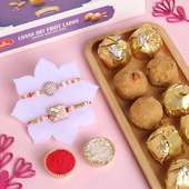 Two Designer Pink Rakhis With Chana Dry Fruit Laddoo