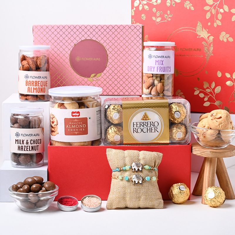 Two Designer Rakhi With Chocolates Dry Fruits N Cookies