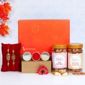 Two Designer Rakhis Signature Box - Set of 2 Designer Rakhis with Roli and Chawal and Mixed Dry Fruits and Roasted Almonds and One Floweraura Signature Box
