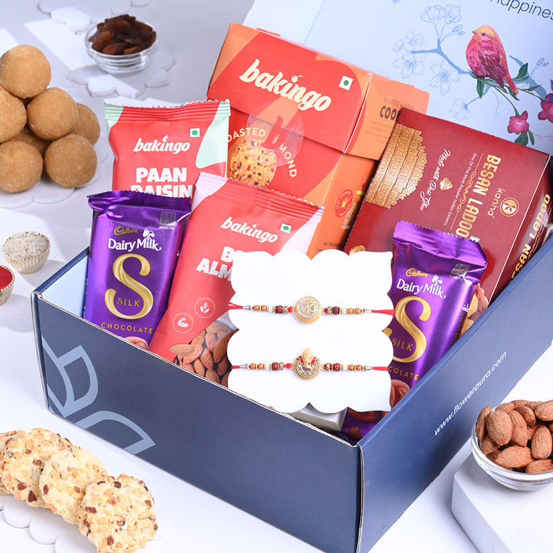 Buy Two Divine Rakhis N Tasty Treats Hampers for Brother 