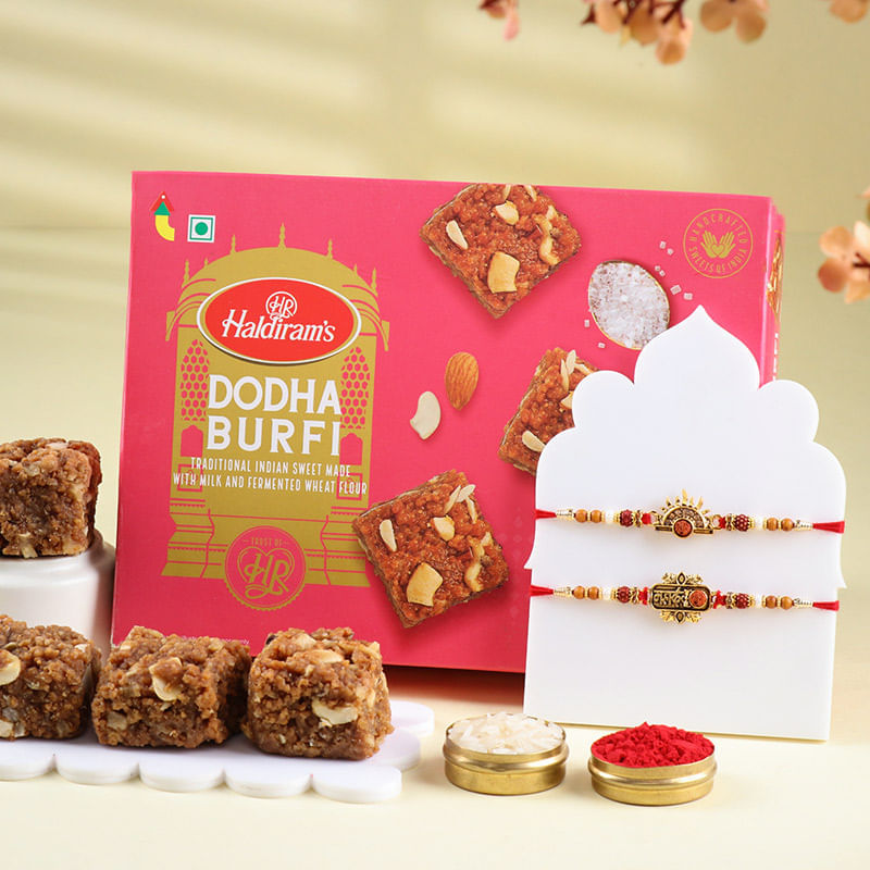 Two Divine Rakhis Set With Dodha Burfi