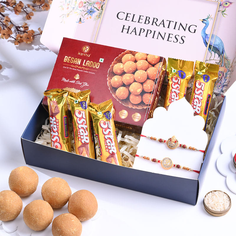 Two Divine Rakhis with Chocolates and Ladoos Hamper