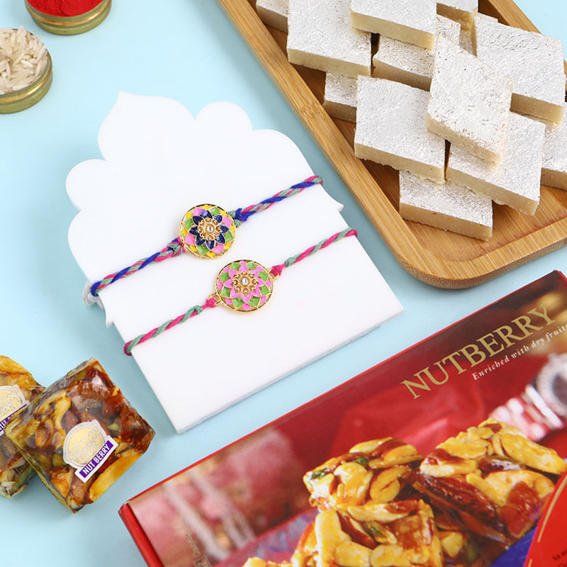 Two Enamel Rakhis With Kaju Katli N Nutberry