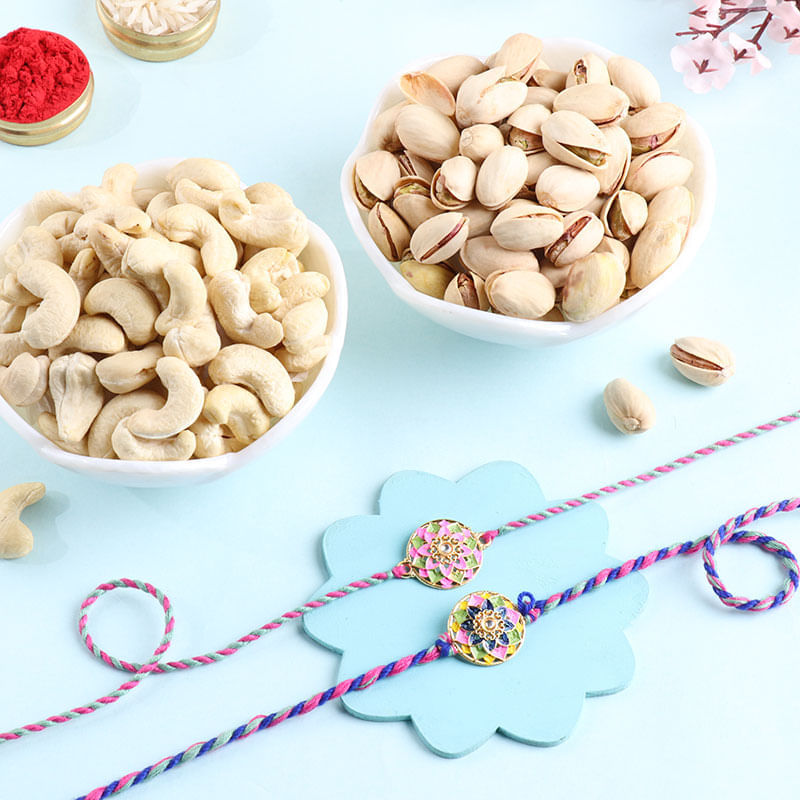Two Floral Designer Rakhis With Nuts