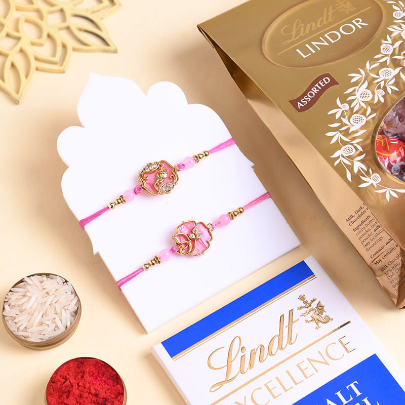 Two Floral Pink Rakhis N Chocolates Combo