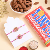 Two Floral Pink Rakhis With Choco N Almonds