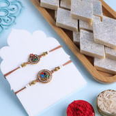 Two Golden Floral Rakhis With Kaju Katli