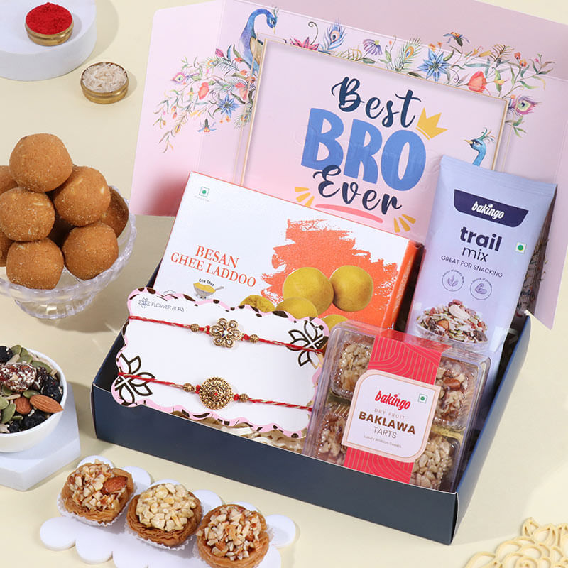 Two Golden Floral Rakhis With Sweet N Nutty Bites