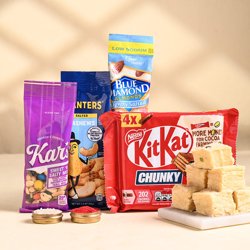 Golden Mayura Rakhi Duo N Sweet Crunch Hamper