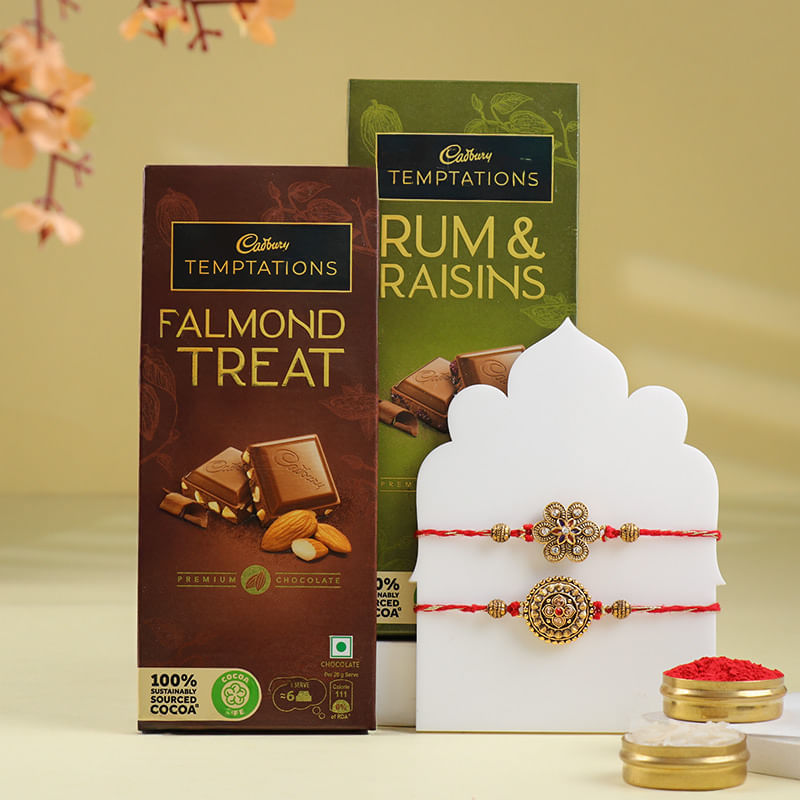 Two Golden N Red Rakhis With Chocolates-Singapore