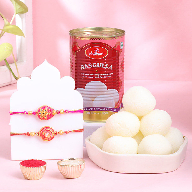 Two Meenakari Kundan Rakhis N Rasgullas Combo