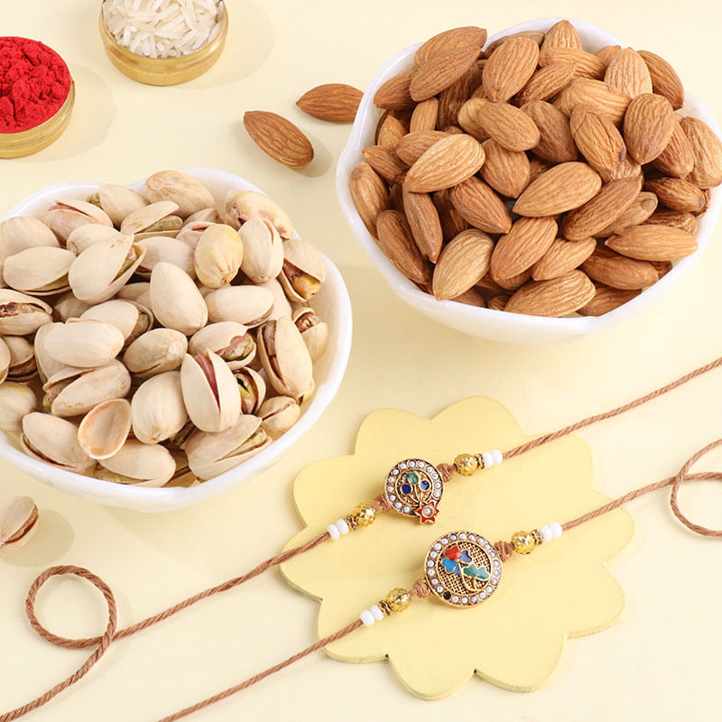 Two Meenakari Kundan Rakhis With Dry Fruits