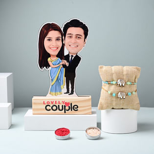 Two Miniature Elephant Rakhis With Couple Caricature
